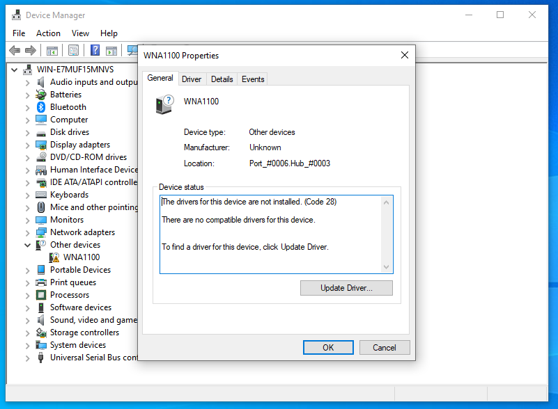 Os drivers para este dispositivo não estão instalados. (Código 28)