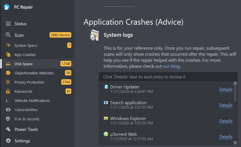 PC Repair Application Crashes