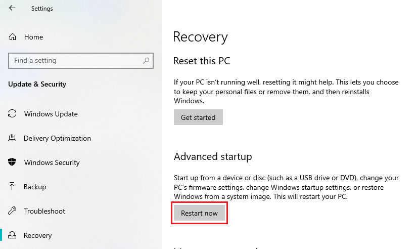 Recovery settings: Restart Now