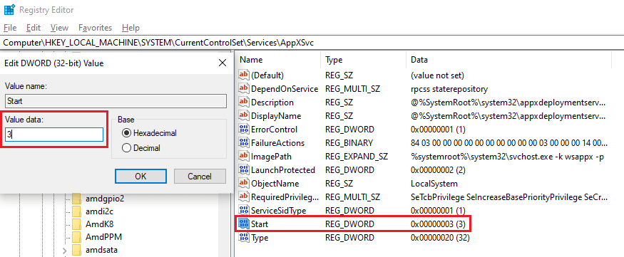 AppXSvc file - start value