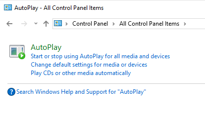 AutoPlay in Control Panel