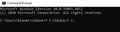 chkdsk/f C: command