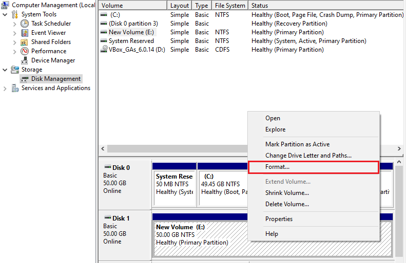 Format volume or create a new one on your disk