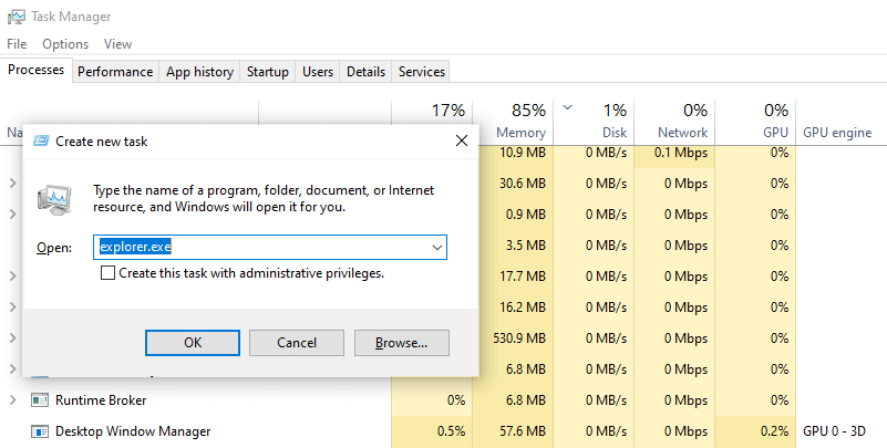 explorer.exe new task in Task Manager