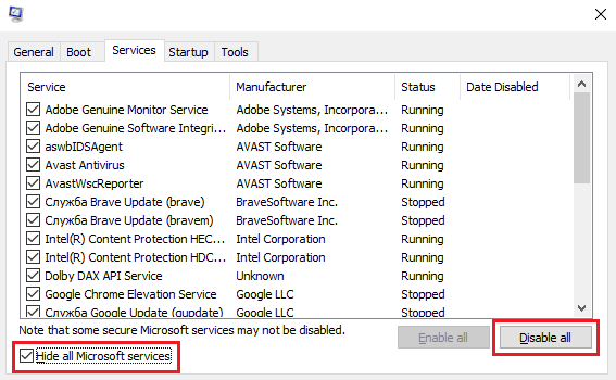 Hide all microsoft services and disable them
