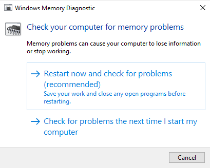 Windows Memory Diagnostic - Restart now and check for problems