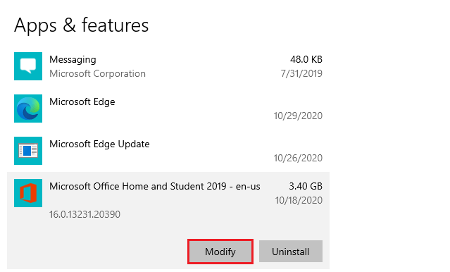 Modify Microsoft Office in Apps&Features