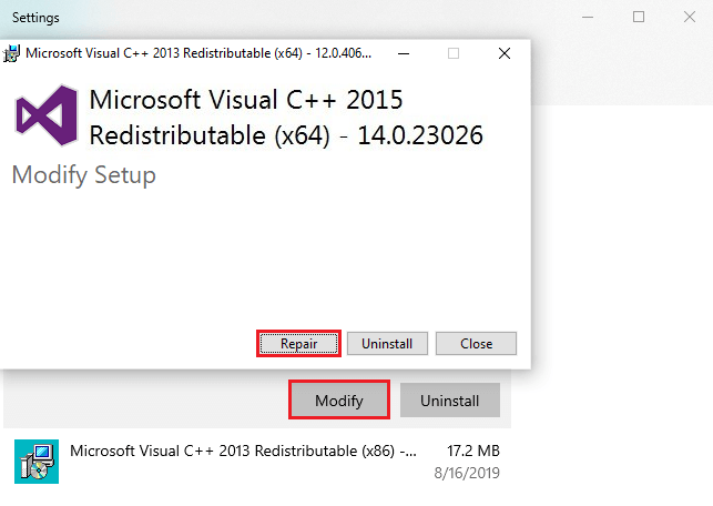 Microsoft Visual C++ 2015 Redistributable (x64) repair