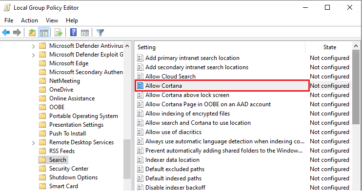 Local Group Policy Editor: Allow Cortana 