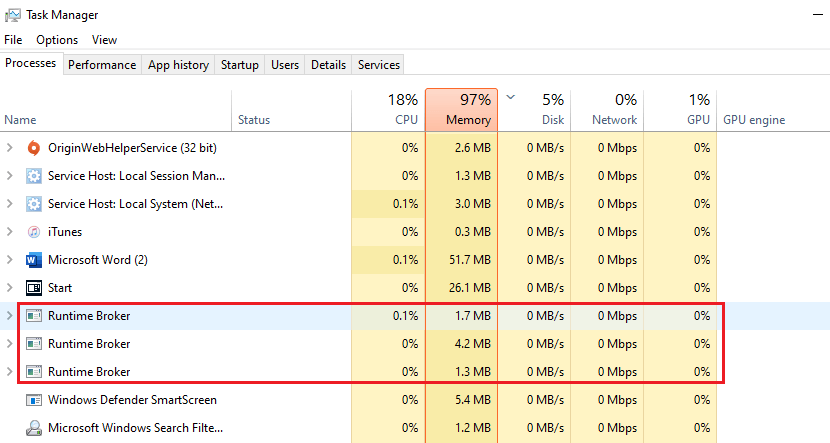 Disable the runtime broker process in Task Manager