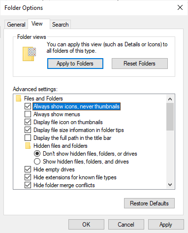 Folder options: always show icons, never thumbnails.