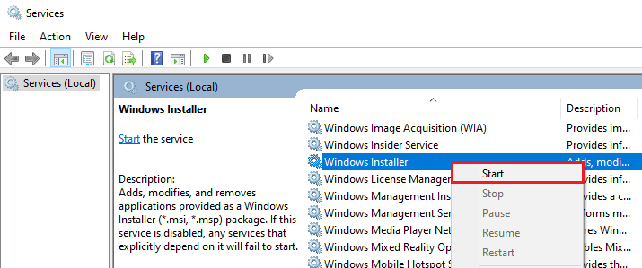 Windows Installer start