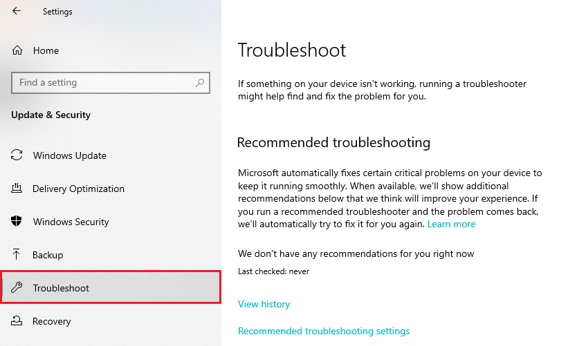 Troubleshoot settings