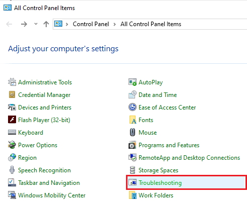 Troubleshooting in Control Panel