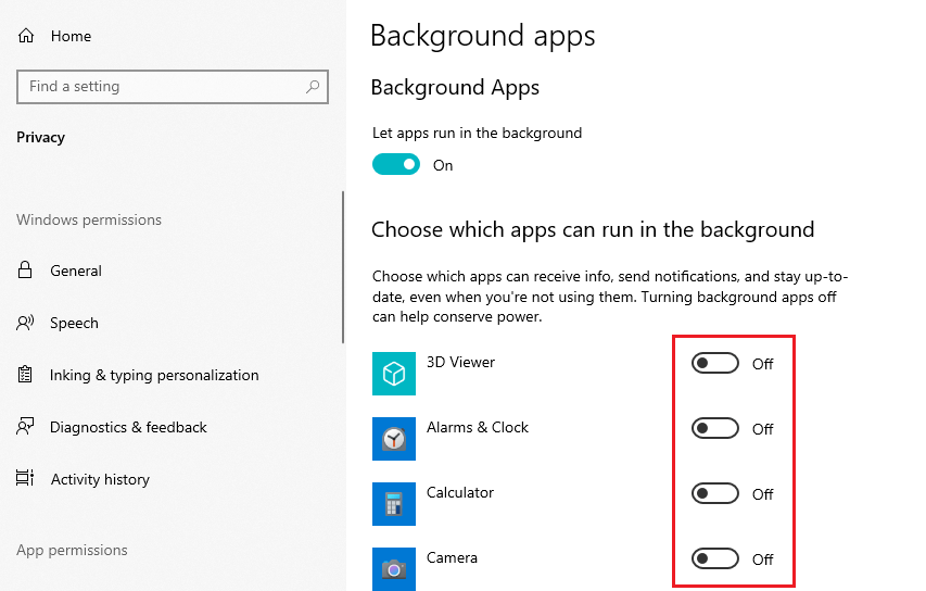 Turn off background applications Windows 10