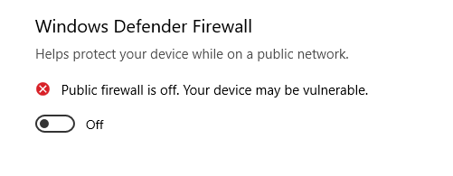 turn off the Windows Defender Firewall