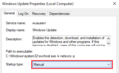 windows update properties - manual