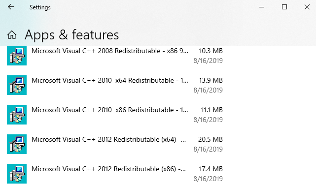 Microsoft Visual C++ Redistributable packages in Apps and Features menu