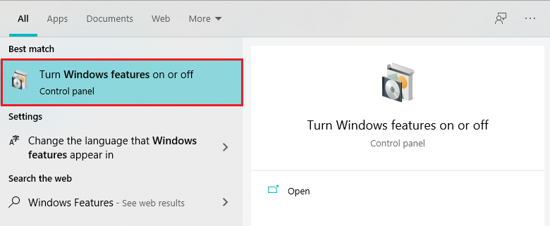 `turn windows features on or off