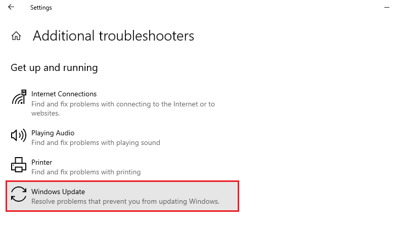 Select the Run Troubleshooter option for Windows Update